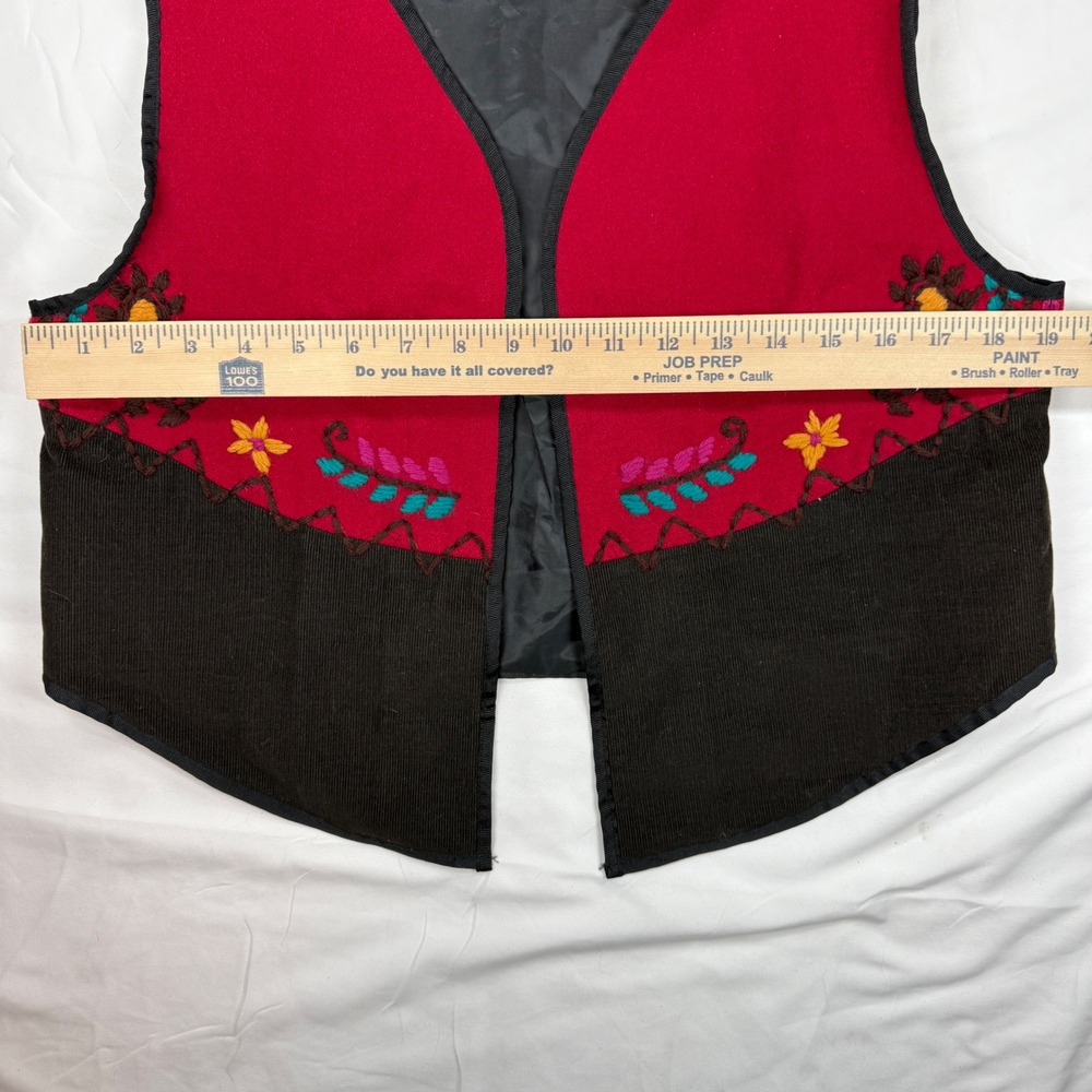 Russ Sport Company Vintage Red Wool Black Corduroy Embroidered Floral Vest Small - Picture 6 of 9
